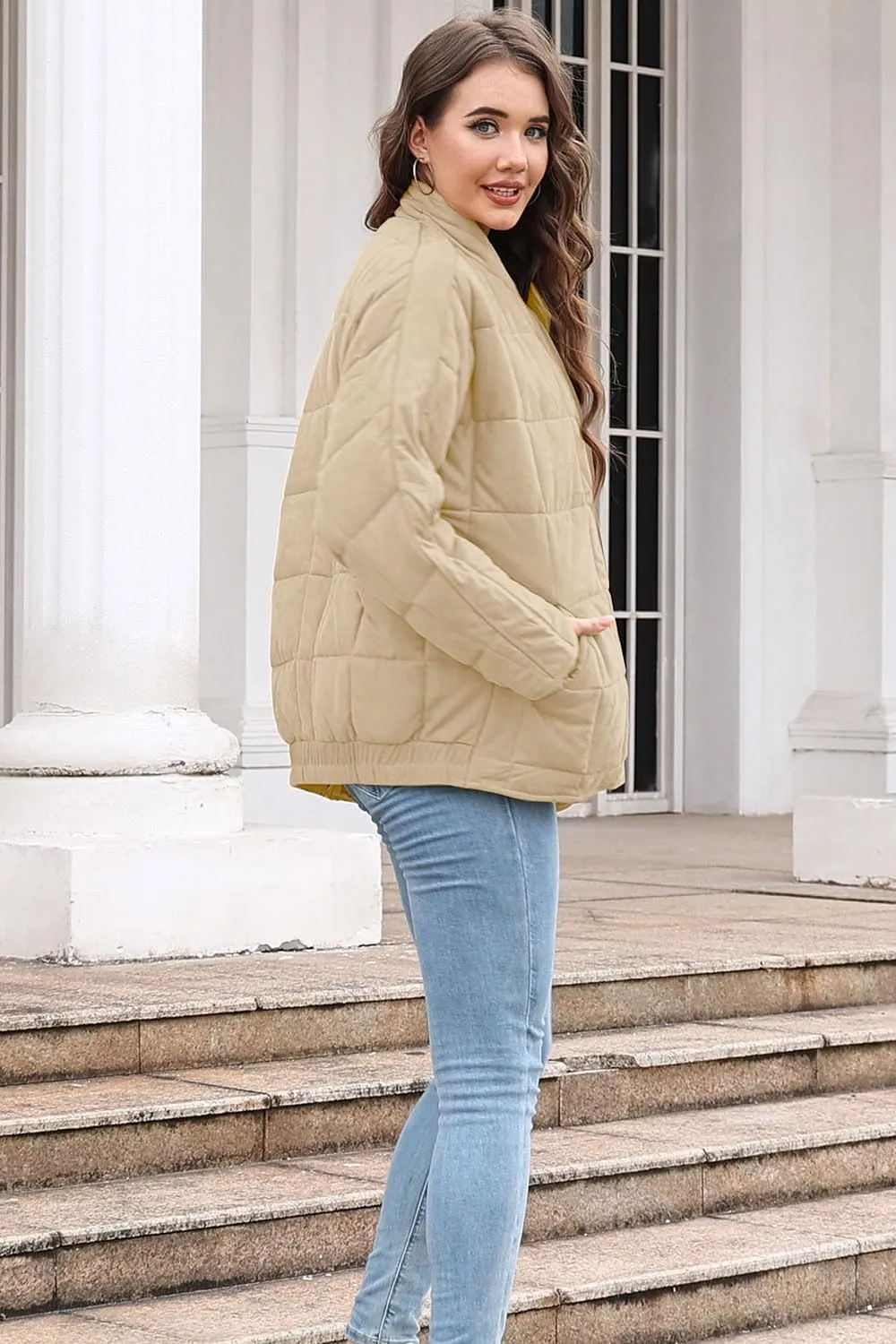 ETCYY Women's Causal Lightweight Quilted Jackets Long Sleeve Oversized Warm Winter Zip Up Coat with Pockets