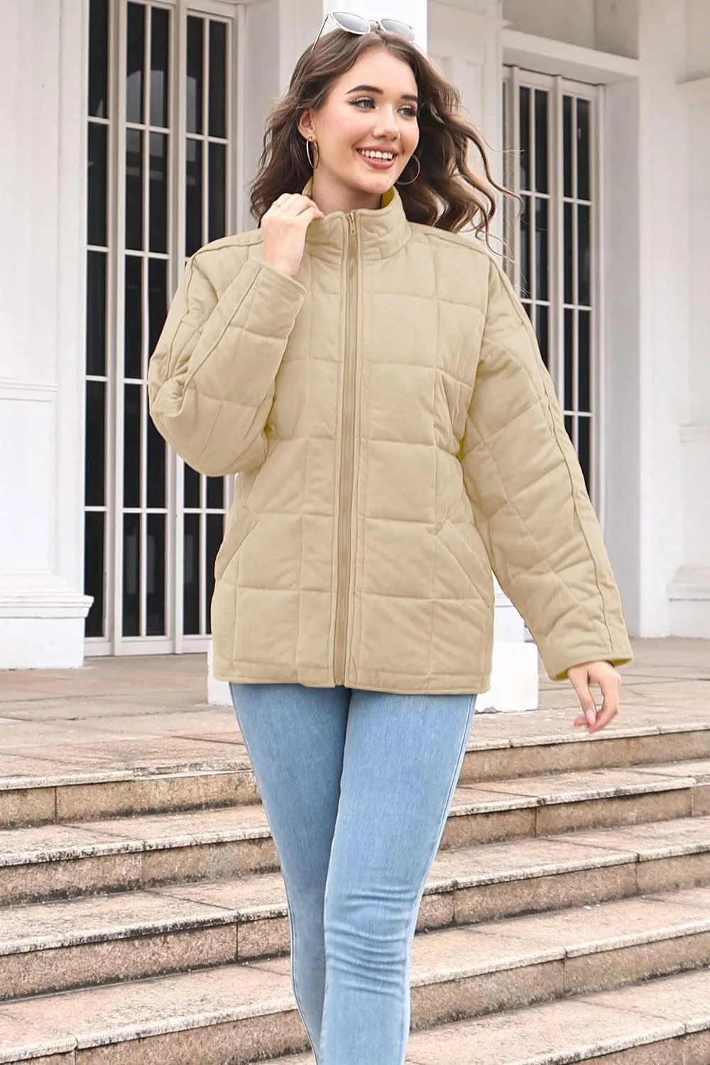 ETCYY Women's Causal Lightweight Quilted Jackets Long Sleeve Oversized Warm Winter Zip Up Coat with Pockets