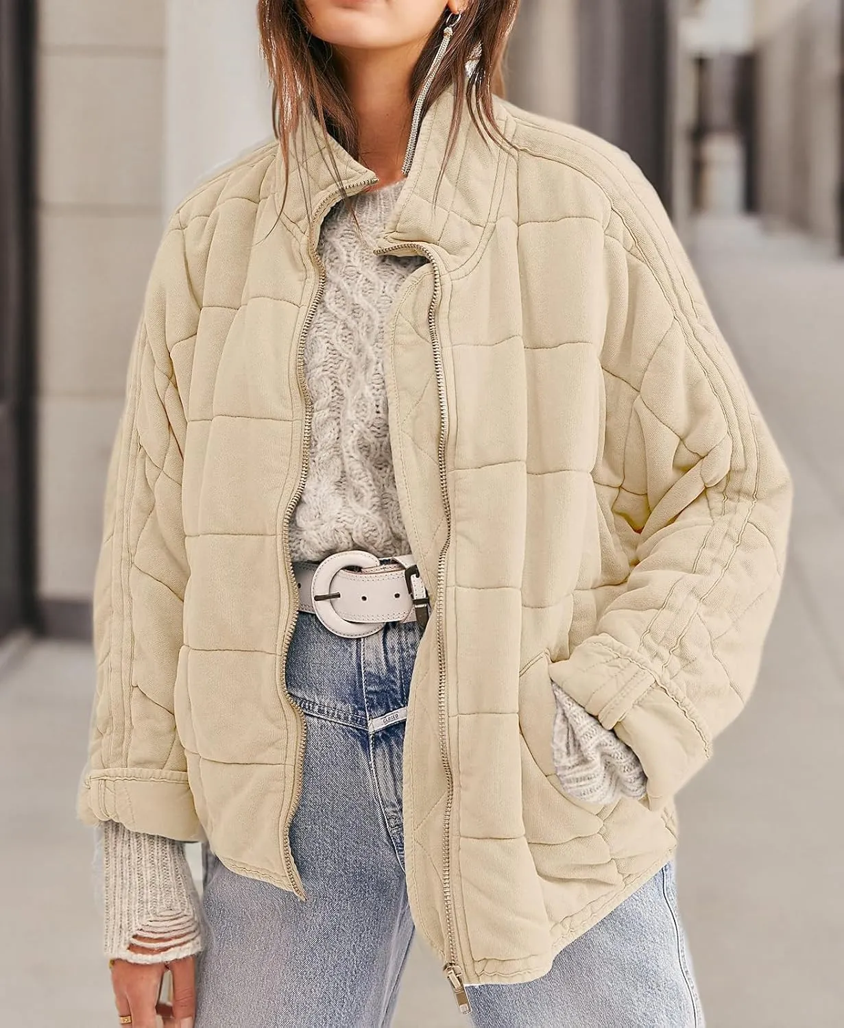 ETCYY Women's Causal Lightweight Quilted Jackets Long Sleeve Oversized Warm Winter Zip Up Coat with Pockets