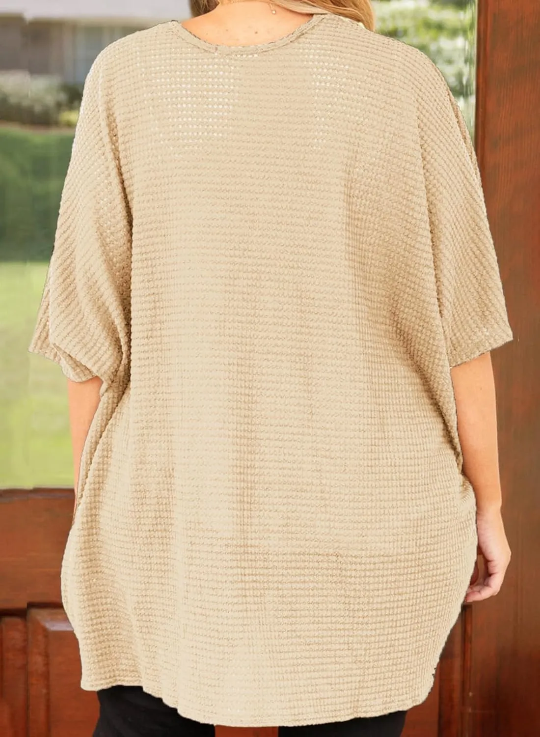 Eytino Womens Plus Size Cardigan Casual Short Sleeve Waffle Knit Kimono Open Front Tops(1X-5X)