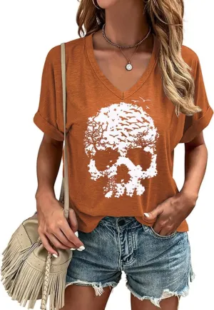 Fall V Neck T Shirt Funny Halloween Thanksgiving Graphic Tee Casual Family Halloween Costume Tops