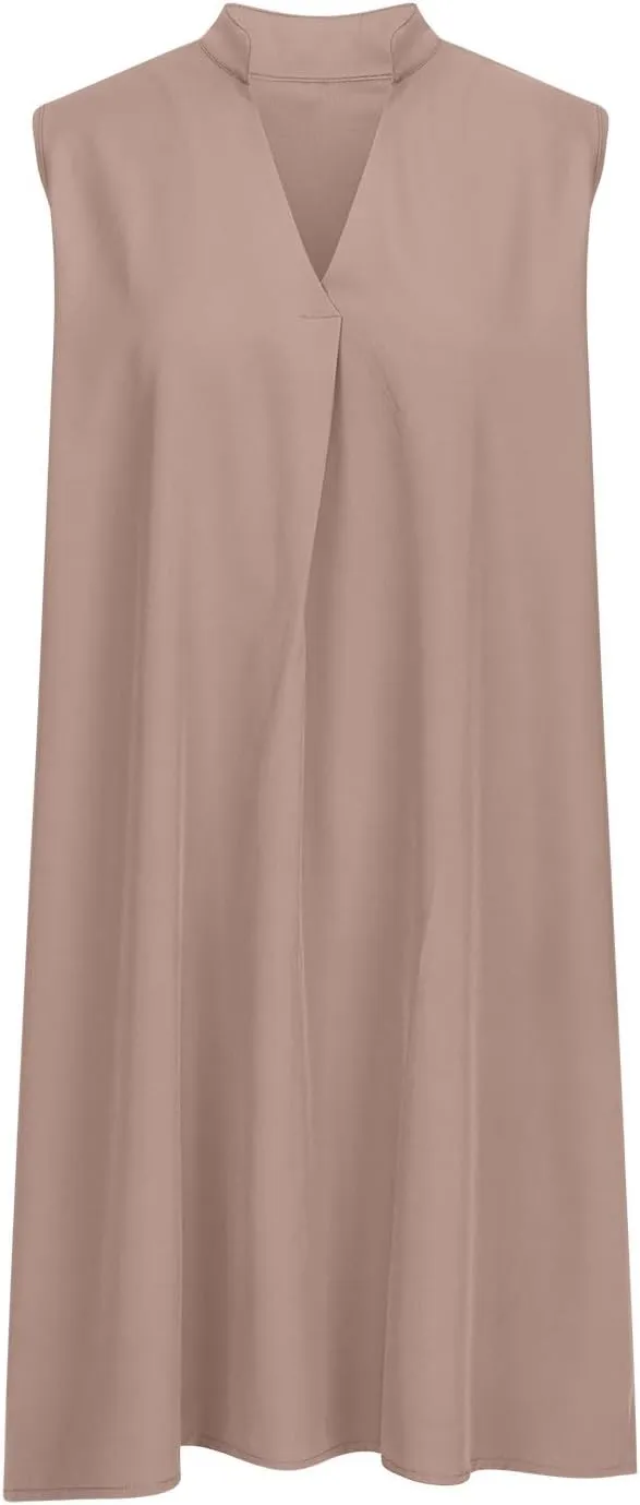 Fanteecy Women's Summer Sleeveless Shirt Dress V Neck Tunic Shift Mini Dress Casual Solid Trendy Pleated Dresses