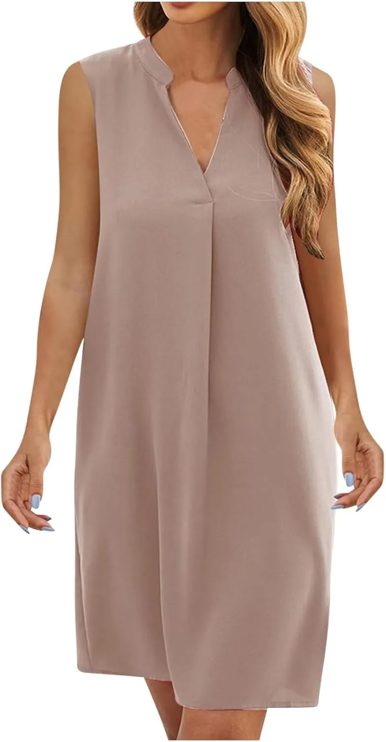 Fanteecy Women's Summer Sleeveless Shirt Dress V Neck Tunic Shift Mini Dress Casual Solid Trendy Pleated Dresses