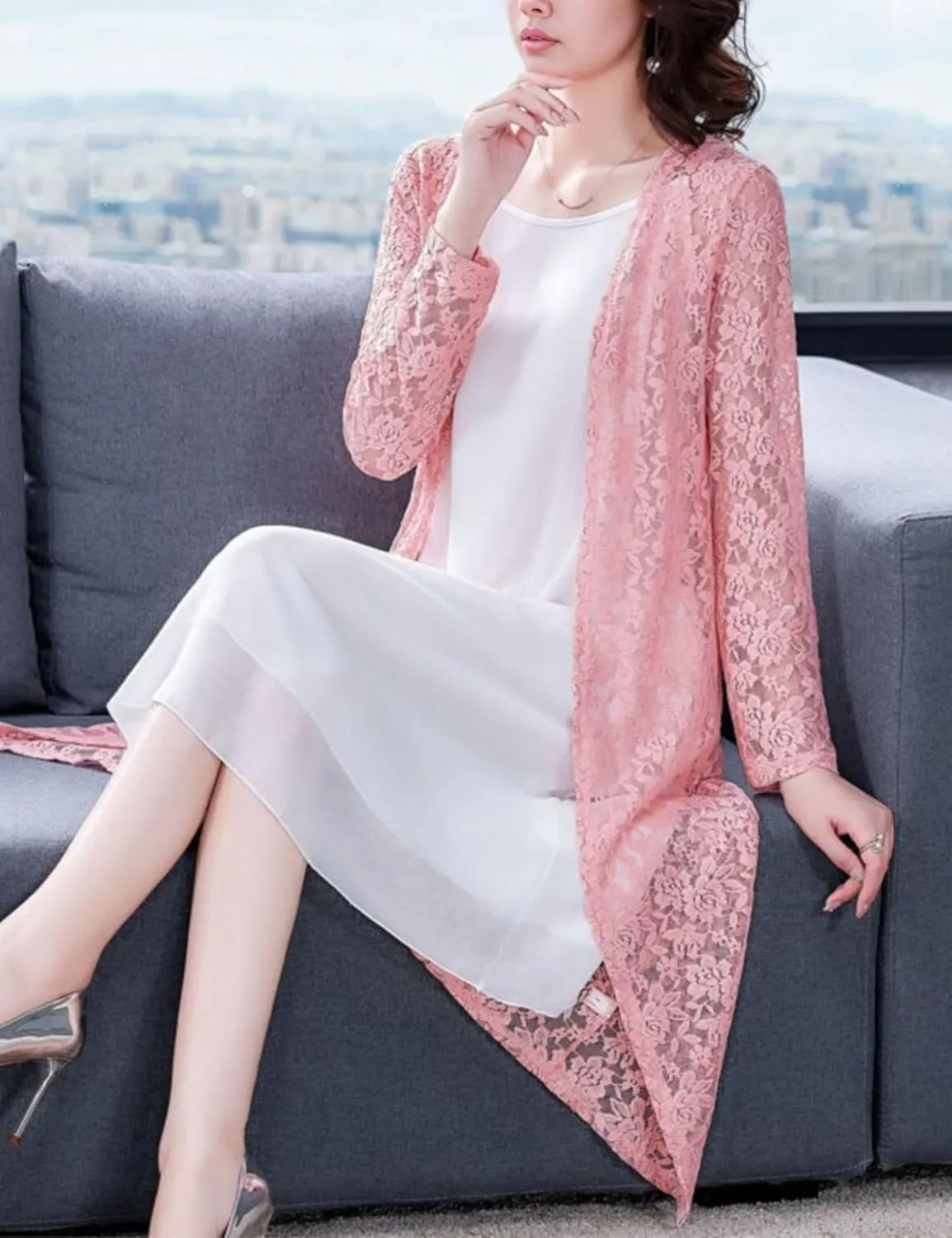 FindThy Womens Casual Long Duster Cardigan 3/4 Sleeve Open Front Embroidered Lace Kimono Cover Up