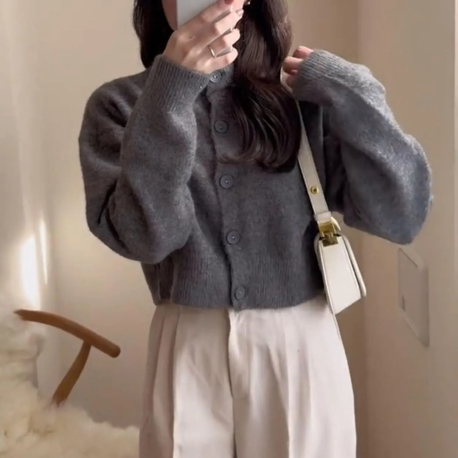 FindThy Women’s Cropped Cardigan Sweater Crewneck Solid Color Long Sleeve Button Down Knitted Outerwear Top