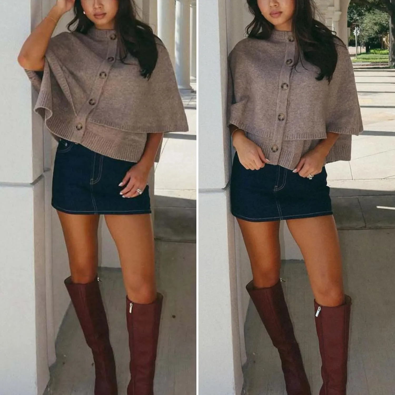 FindThy Womens Cropped Knit Cape Cardigan Trendy Oversized Crewneck Button Down Shawl Sweater