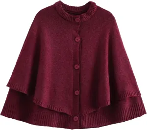 FindThy Womens Cropped Knit Cape Cardigan Trendy Oversized Crewneck Button Down Shawl Sweater