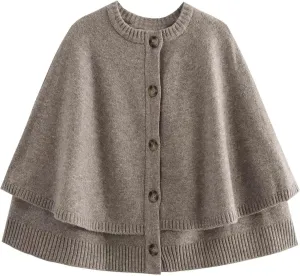 FindThy Womens Cropped Knit Cape Cardigan Trendy Oversized Crewneck Button Down Shawl Sweater