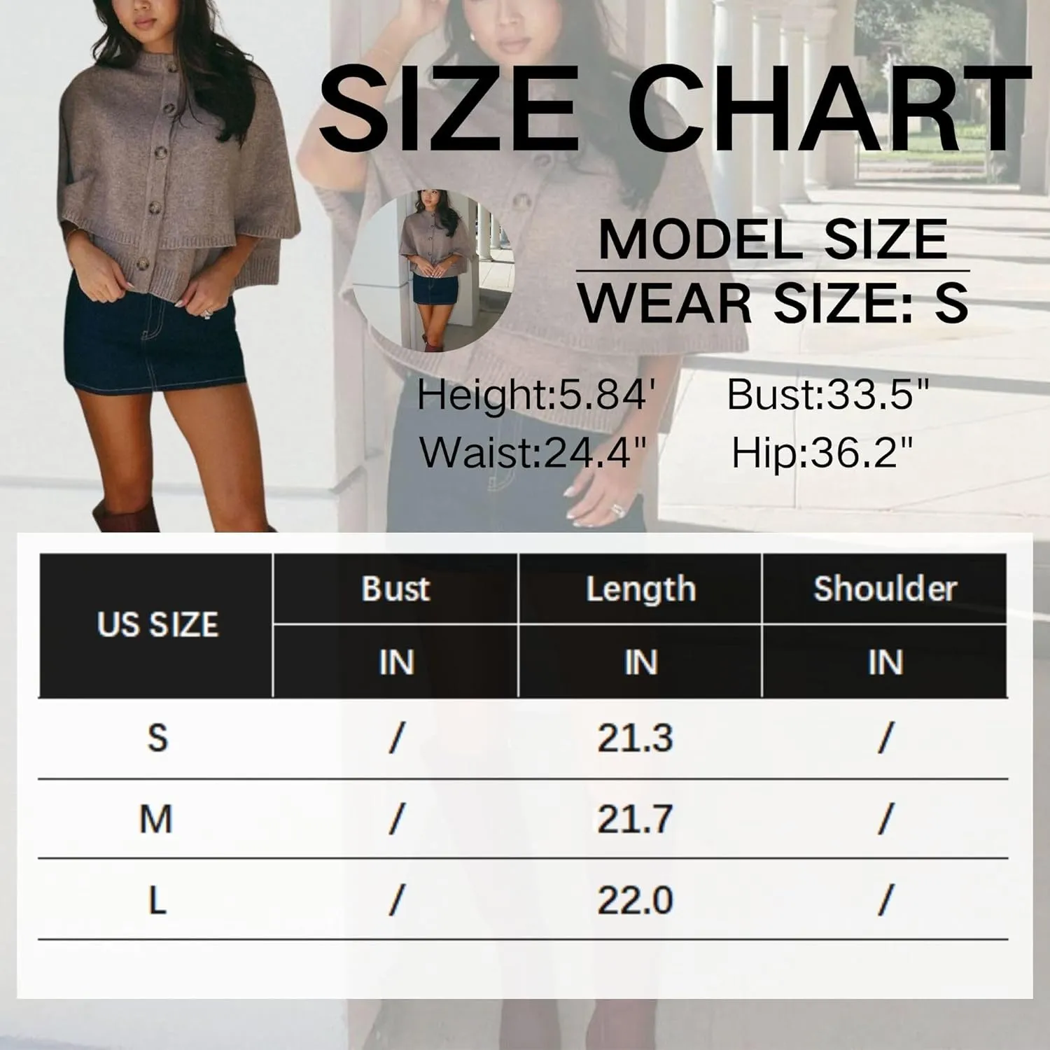 FindThy Womens Cropped Knit Cape Cardigan Trendy Oversized Crewneck Button Down Shawl Sweater