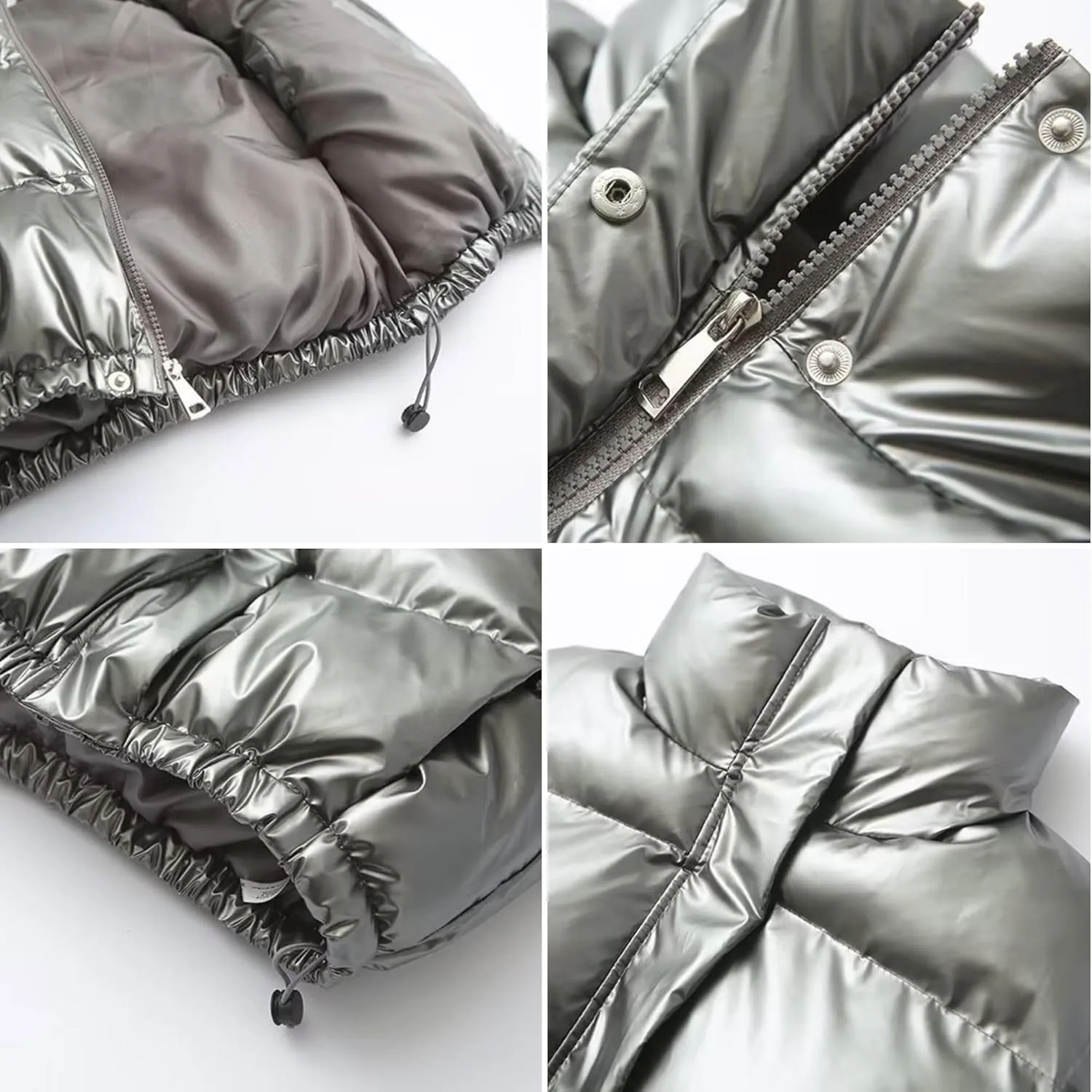 FindThy Women’s Cropped Puffer Vest Shiny Metallic Stand Collar Sleeveless Winter Quilted Down Jacket Coat with Pockets