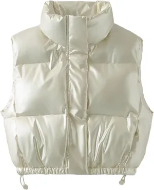 FindThy Women’s Cropped Puffer Vest Shiny Metallic Stand Collar Sleeveless Winter Quilted Down Jacket Coat with Pockets