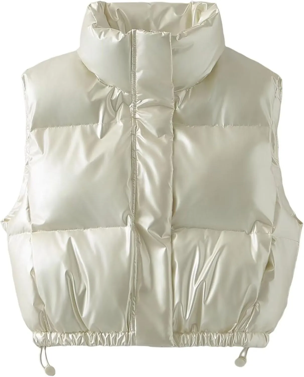 FindThy Women’s Cropped Puffer Vest Shiny Metallic Stand Collar Sleeveless Winter Quilted Down Jacket Coat with Pockets