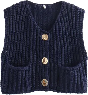 FindThy Women’s Cropped Sweater Vest Cute Crewneck Button Down Sleeveless Crop Knit Cardigan with Pocket