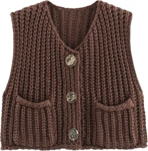 FindThy Women’s Cropped Sweater Vest Cute Crewneck Button Down Sleeveless Crop Knit Cardigan with Pocket
