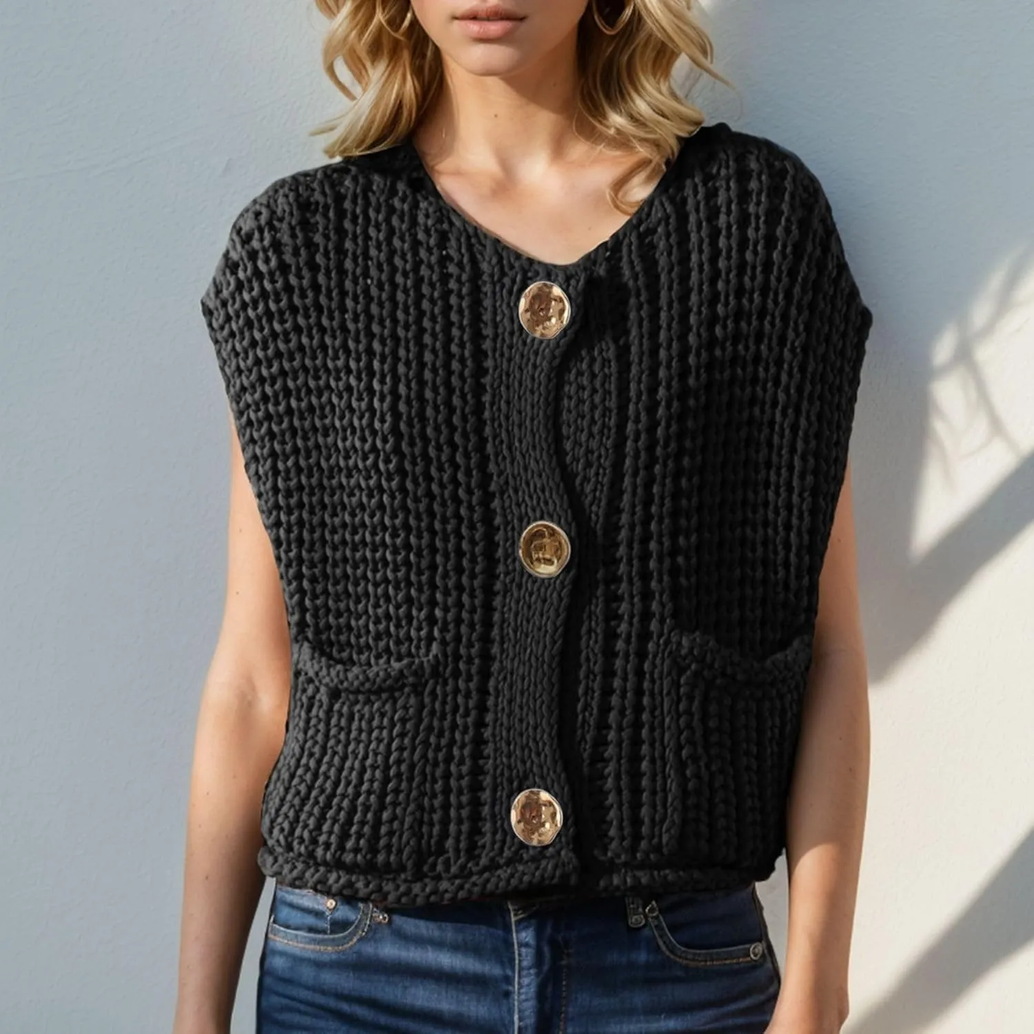 FindThy Womens Cropped Sweater Vest Cute Crewneck Button Down Sleeveless Crop Knit Cardigan with Pocket