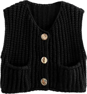 FindThy Womens Cropped Sweater Vest Cute Crewneck Button Down Sleeveless Crop Knit Cardigan with Pocket