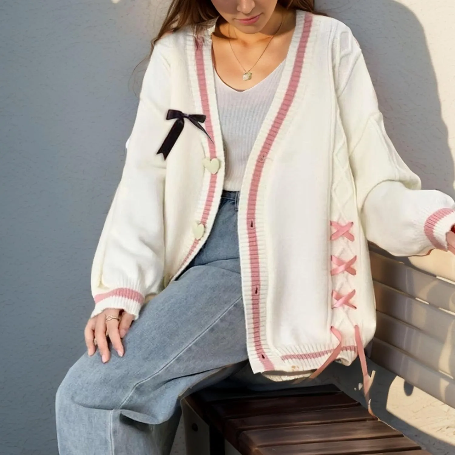 FindThy Womens Cute Sweet Cardigan Sweater Kawaii Love Button Long Sleeve V-Neck Bowknot Knitted Outerwear