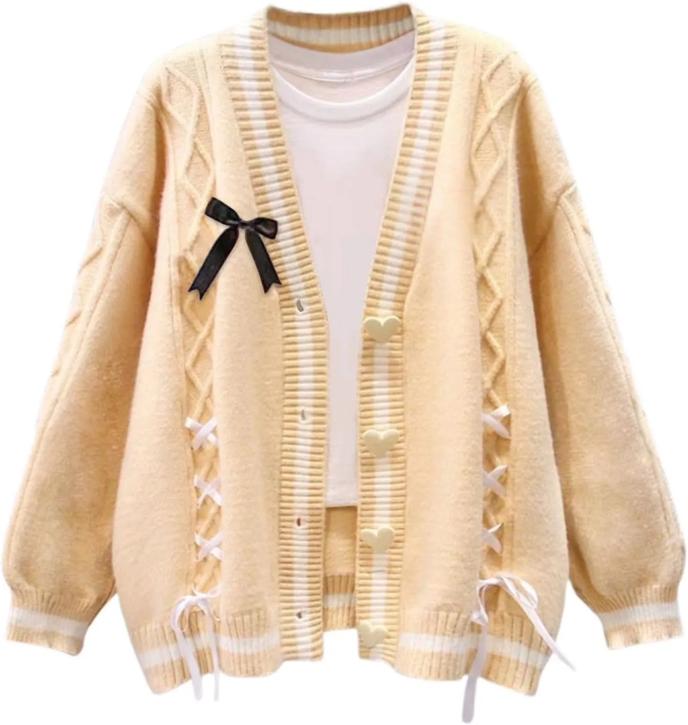 FindThy Womens Cute Sweet Cardigan Sweater Kawaii Love Button Long Sleeve V-Neck Bowknot Knitted Outerwear