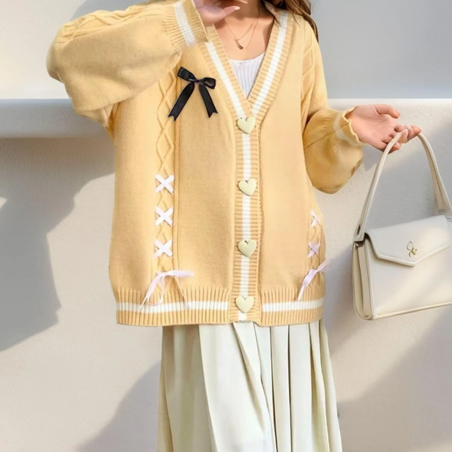 FindThy Womens Cute Sweet Cardigan Sweater Kawaii Love Button Long Sleeve V-Neck Bowknot Knitted Outerwear