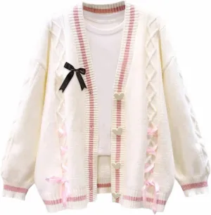 FindThy Womens Cute Sweet Cardigan Sweater Kawaii Love Button Long Sleeve V-Neck Bowknot Knitted Outerwear