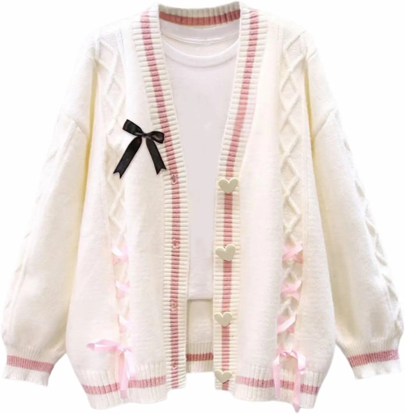 FindThy Womens Cute Sweet Cardigan Sweater Kawaii Love Button Long Sleeve V-Neck Bowknot Knitted Outerwear