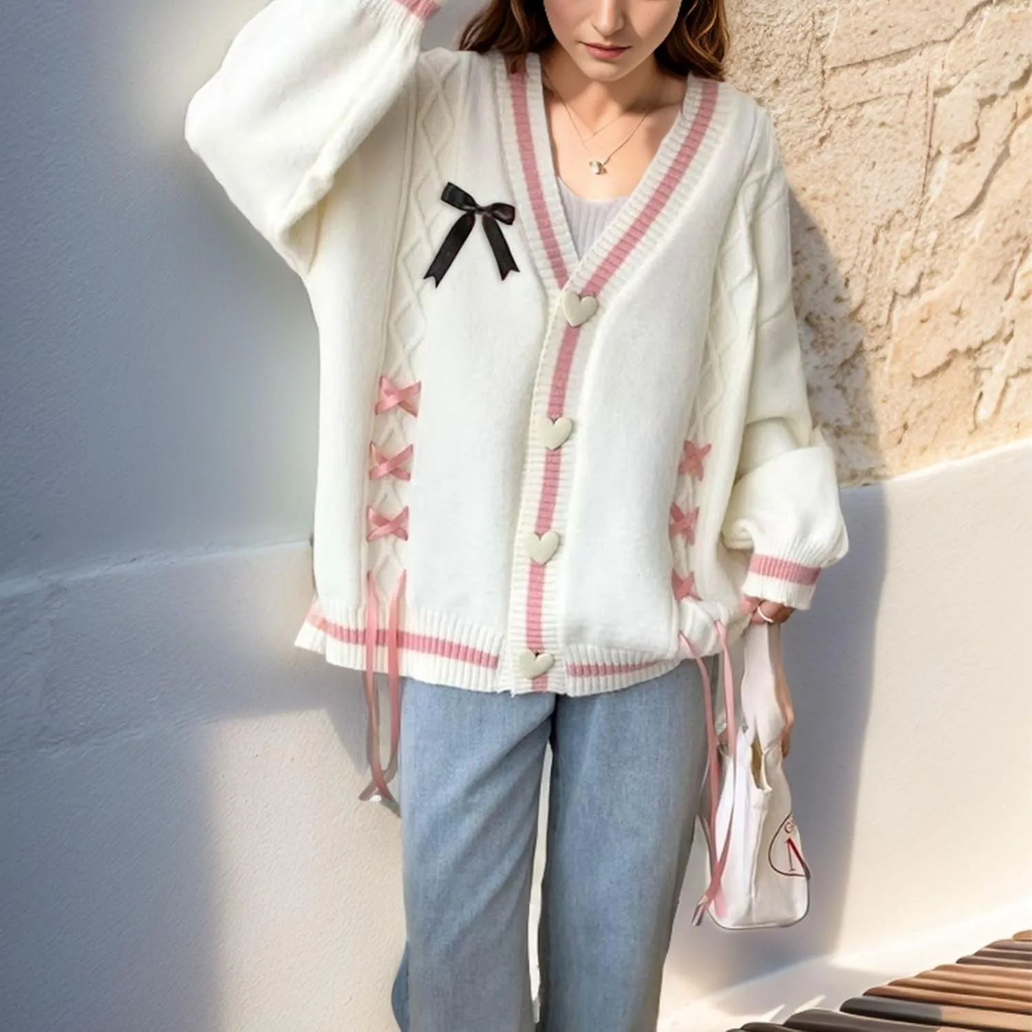 FindThy Womens Cute Sweet Cardigan Sweater Kawaii Love Button Long Sleeve V-Neck Bowknot Knitted Outerwear