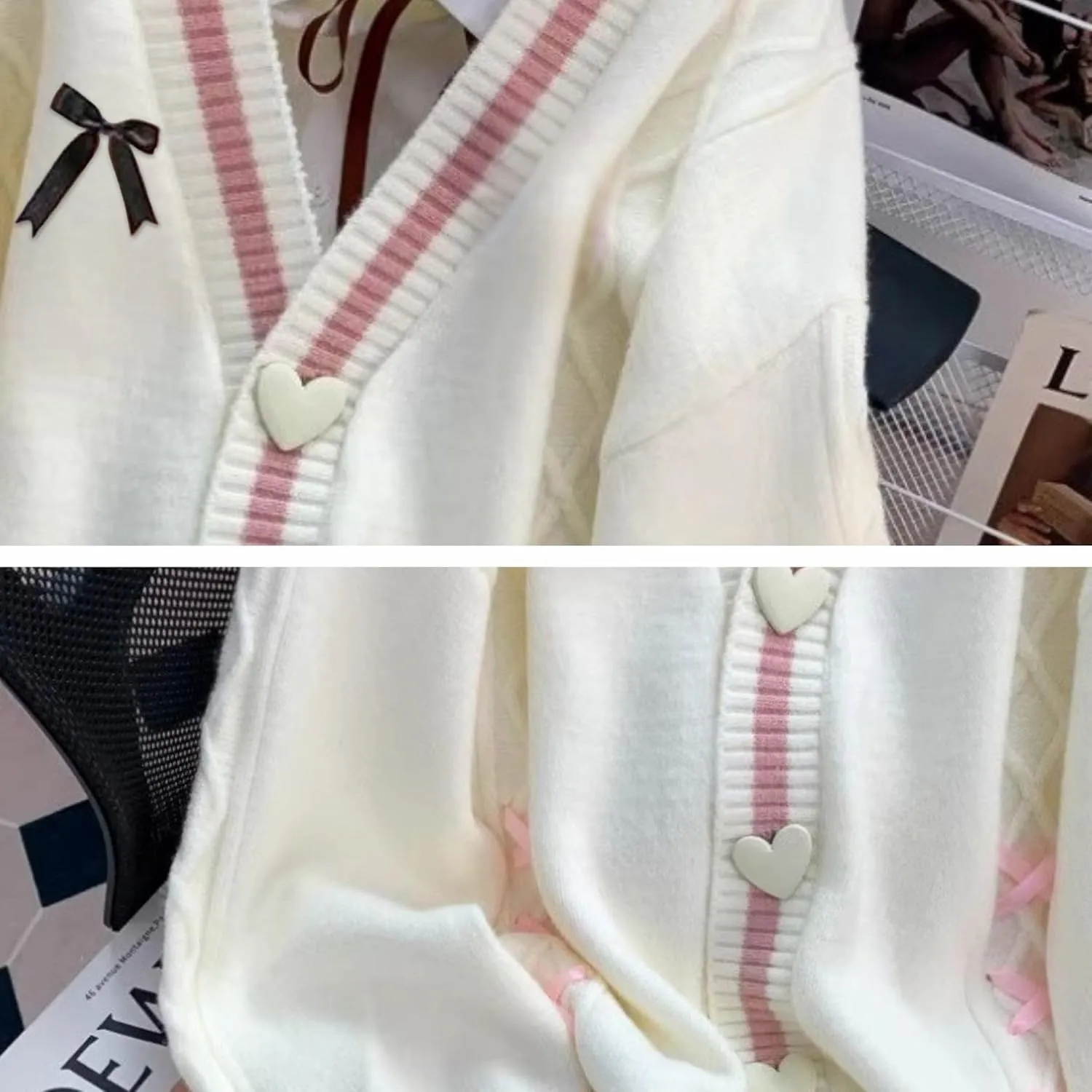 FindThy Womens Cute Sweet Cardigan Sweater Kawaii Love Button Long Sleeve V-Neck Bowknot Knitted Outerwear