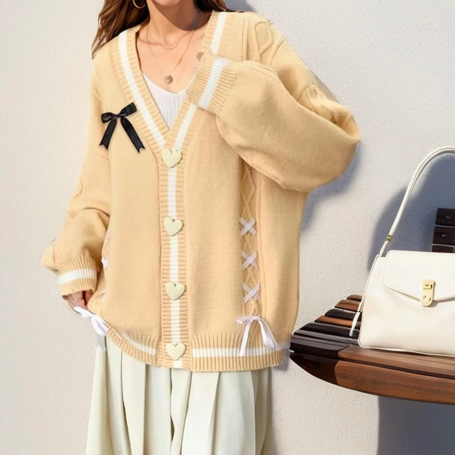 FindThy Womens Cute Sweet Cardigan Sweater Kawaii Love Button Long Sleeve V-Neck Bowknot Knitted Outerwear