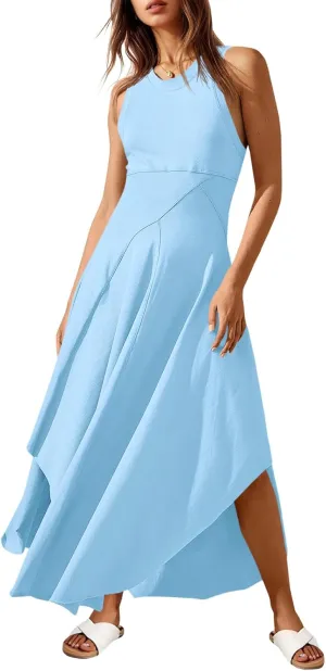 Fisoew Womens Summer Sleeveless Maxi Dress Asymmetrical Hem Crew Neck High Waist A Line Flowy Casual Long Beach Dress