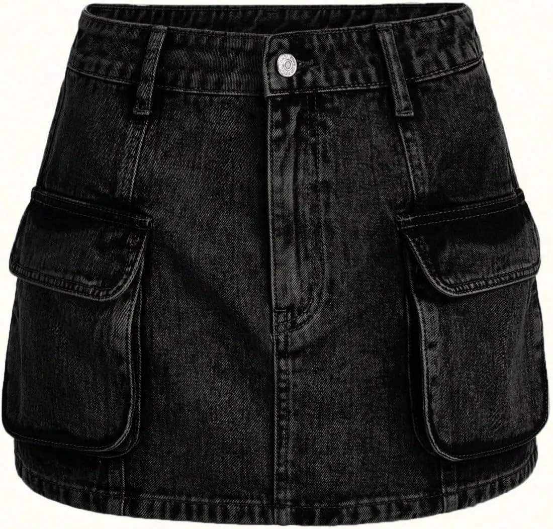 Floerns Women's High Waisted Denim Mini Skirt Flap Pocket Bodycon Jean Cargo Skirts