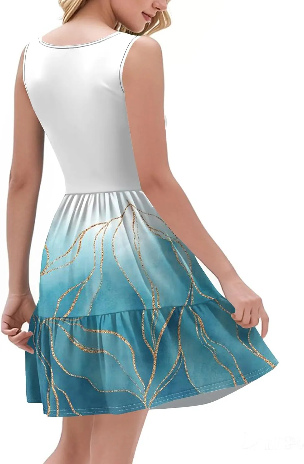 Floral Dress for Women V Neck Sleeveless Sundress Retro Boho A-Line Swing Pleated Tiered Ruffle Dress