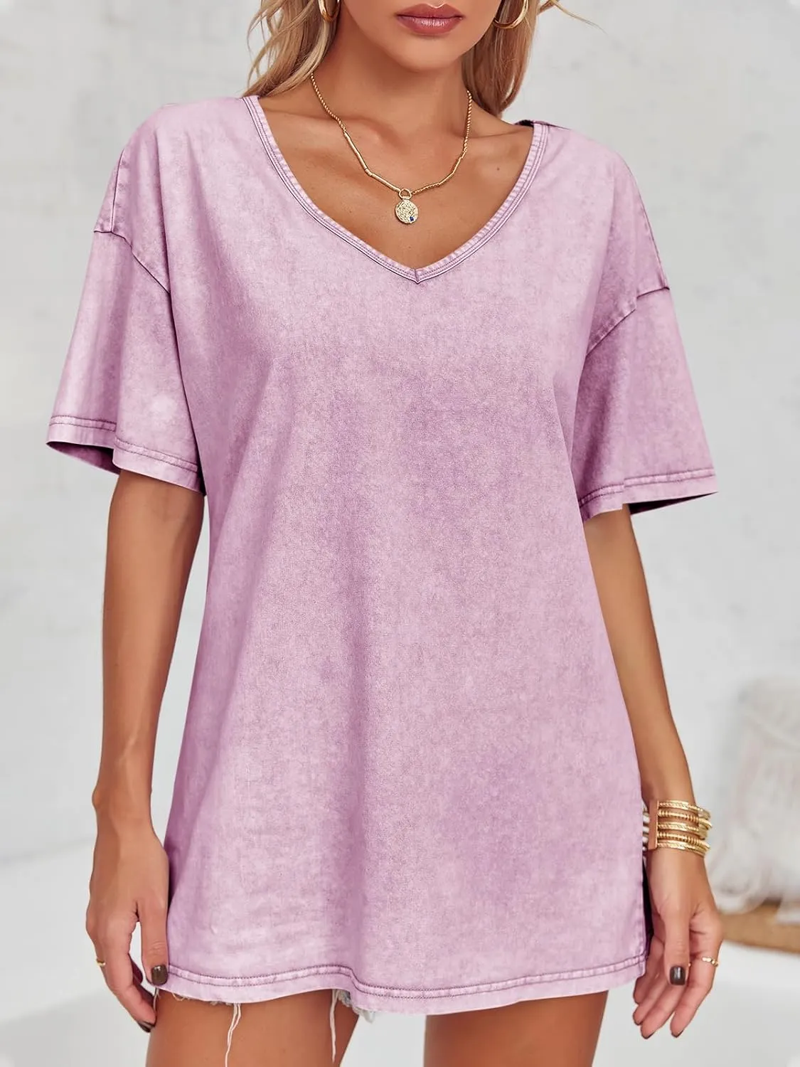 Flowyair Womens Oversized T Shirts Summer Loose Fit Cotton Short Sleeve Basic Tees Casual V Neck Boyfriend Tunic Tops