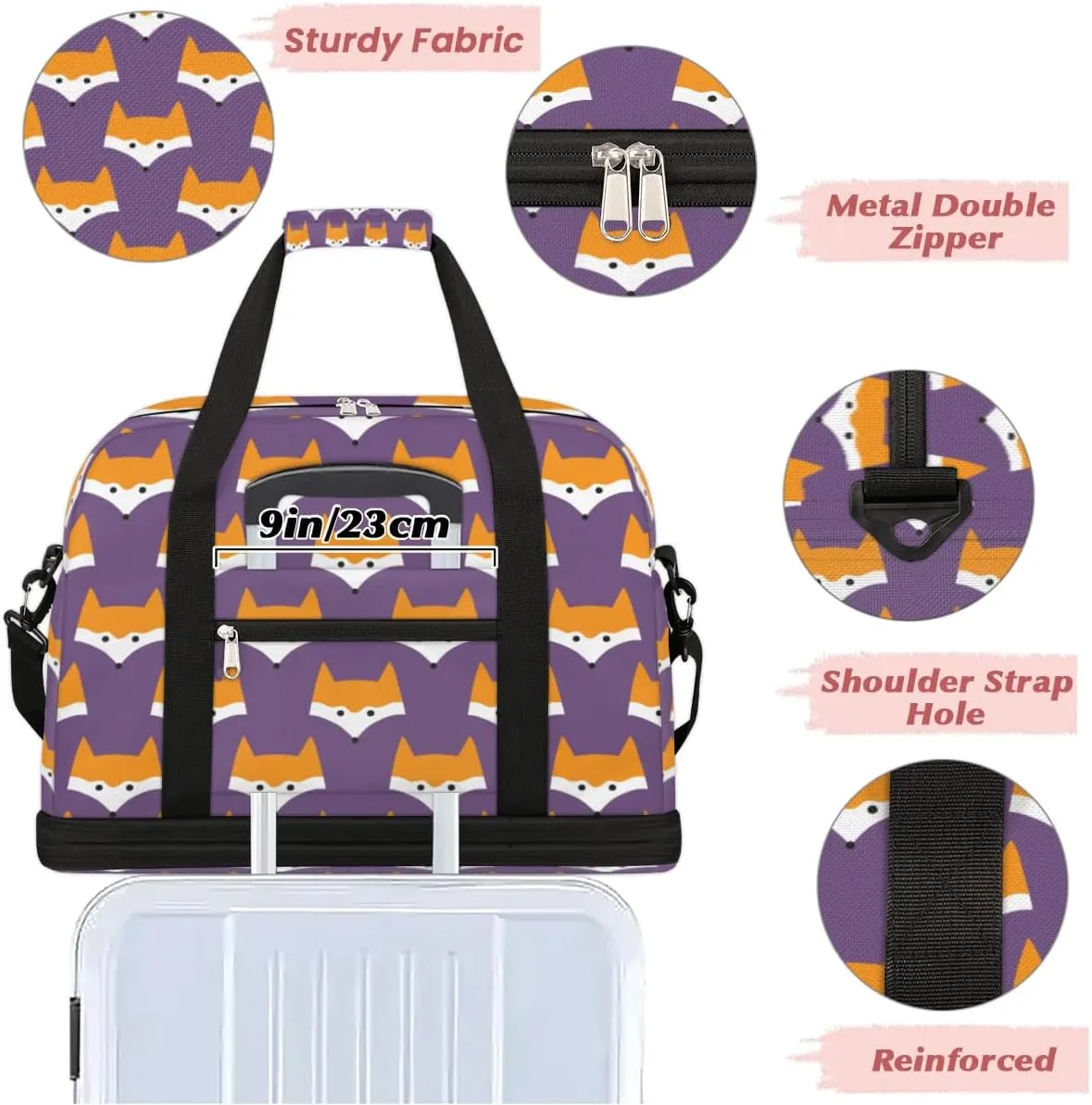Fox Sports Gym Bag with Shoes Compartment Foldable Travel Duffel Bag Dry Wet Separated Sports Tote Workout Weekender Overnight Bag for Women Yoga Dance Work Training Handbag