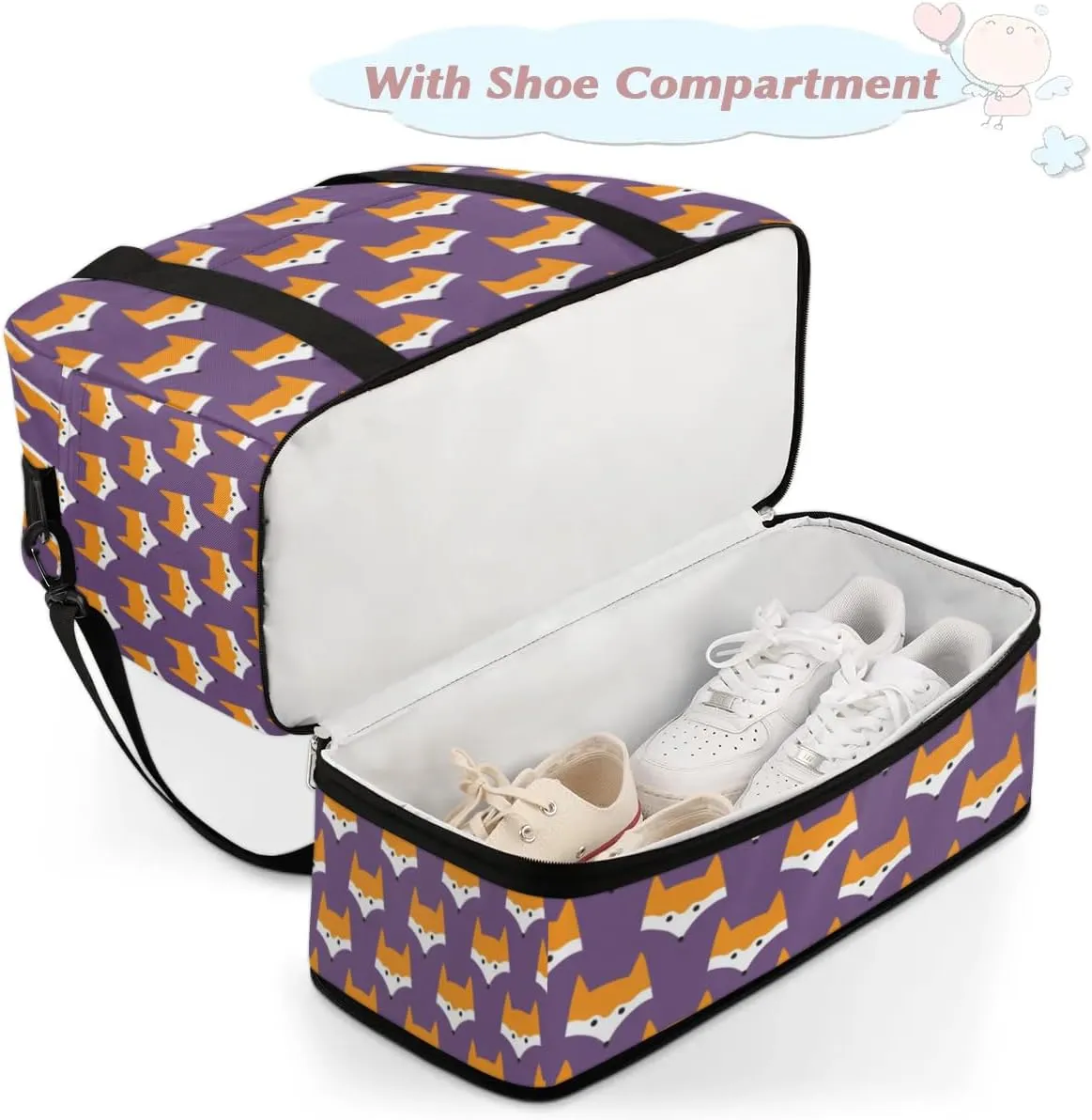 Fox Sports Gym Bag with Shoes Compartment Foldable Travel Duffel Bag Dry Wet Separated Sports Tote Workout Weekender Overnight Bag for Women Yoga Dance Work Training Handbag