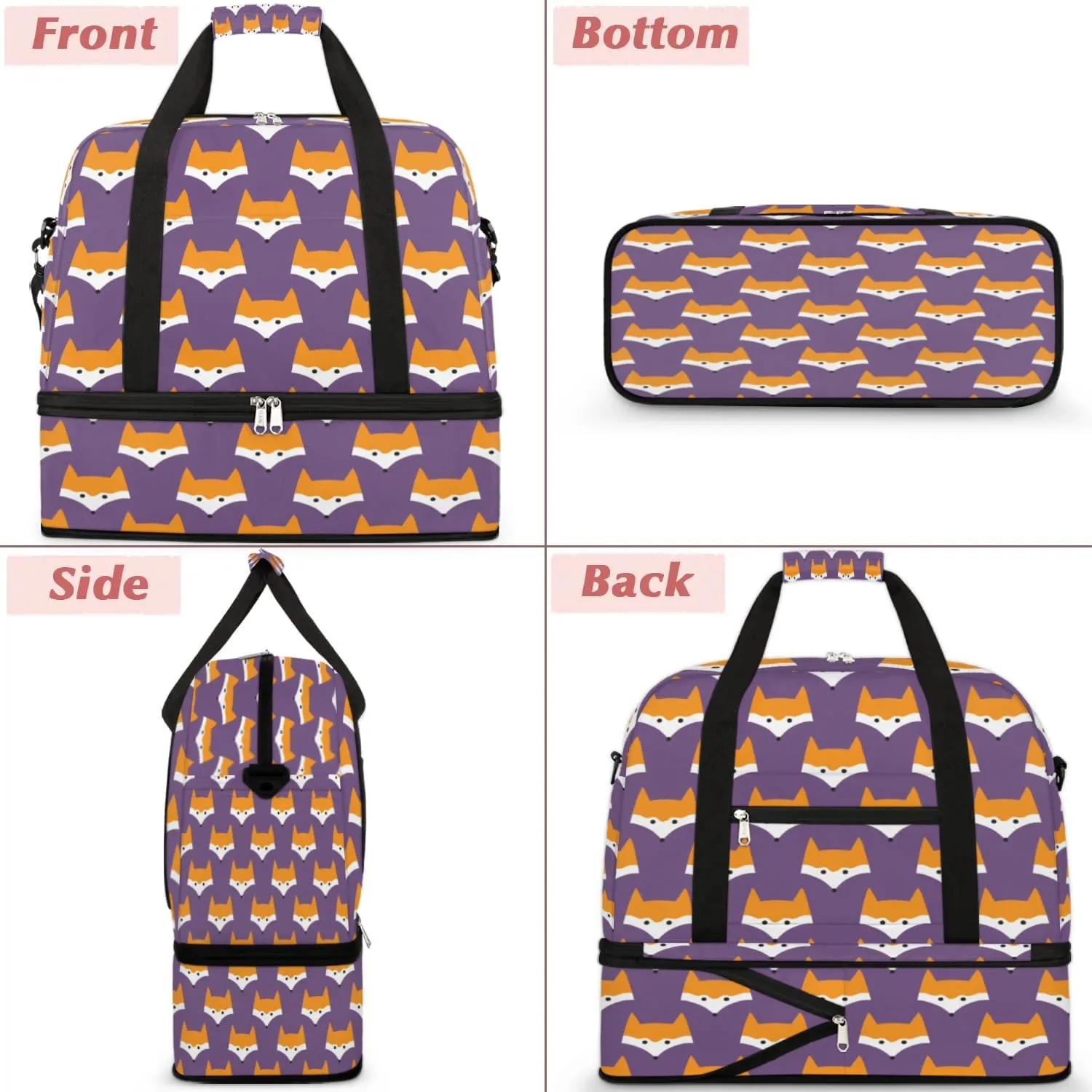 Fox Sports Gym Bag with Shoes Compartment Foldable Travel Duffel Bag Dry Wet Separated Sports Tote Workout Weekender Overnight Bag for Women Yoga Dance Work Training Handbag