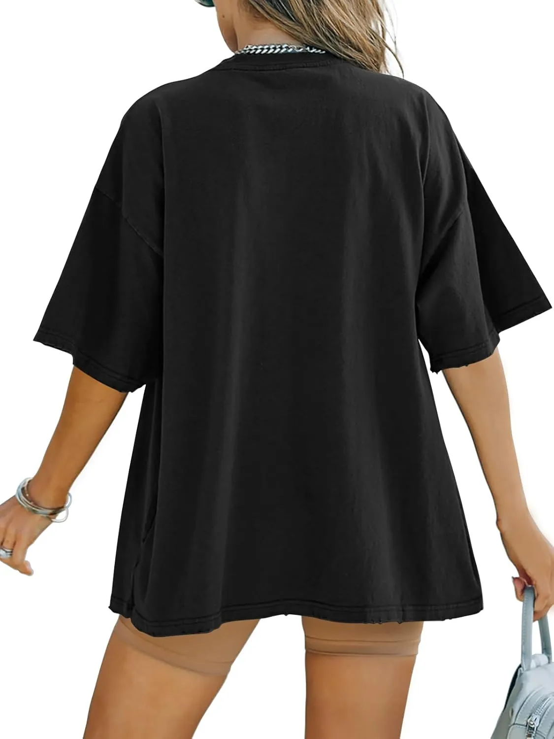 FSHAOES Womens Oversized T Shirts Half Sleeve Crew Neck Cotton Tunic Tops Loose Fit Basic Tee