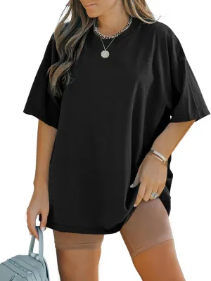 FSHAOES Womens Oversized T Shirts Half Sleeve Crew Neck Cotton Tunic Tops Loose Fit Basic Tee