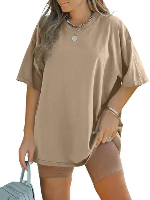 FSHAOES Womens Oversized T Shirts Half Sleeve Crew Neck Cotton Tunic Tops Loose Fit Basic Tee