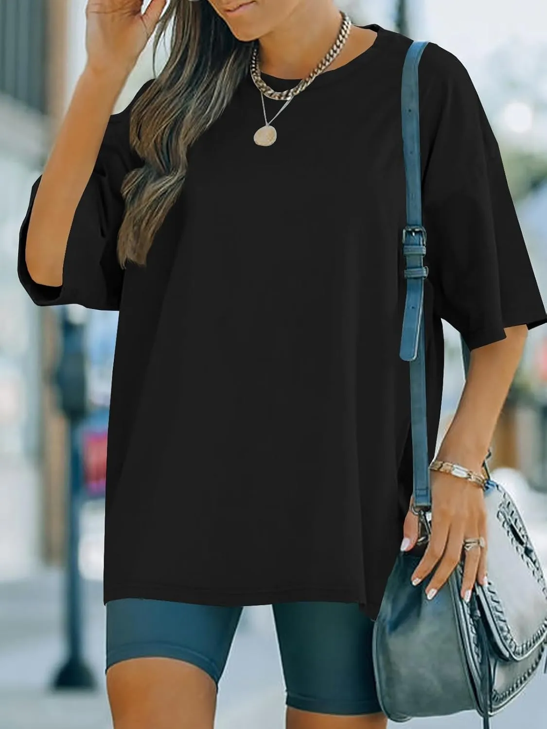 FSHAOES Womens Oversized T Shirts Half Sleeve Crew Neck Cotton Tunic Tops Loose Fit Basic Tee