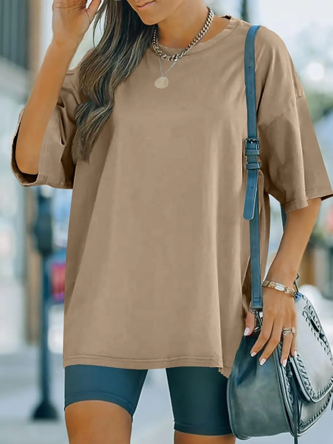 FSHAOES Womens Oversized T Shirts Half Sleeve Crew Neck Cotton Tunic Tops Loose Fit Basic Tee