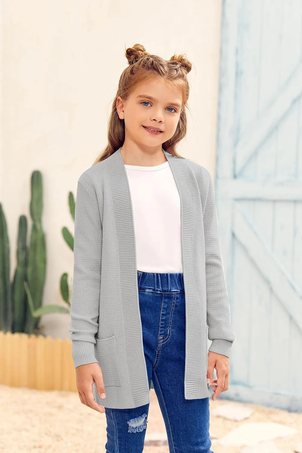 Girls Long Sleeve Casual Cardigan Kids Open Front Soft Knit Oversized Sweater with Pockets