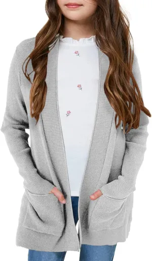 Girls Long Sleeve Casual Cardigan Kids Open Front Soft Knit Oversized Sweater with Pockets