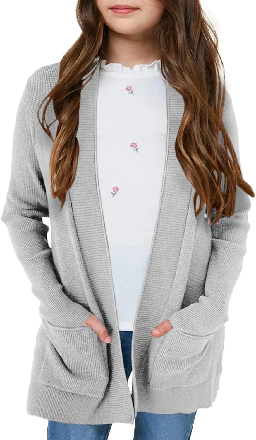 Girls Long Sleeve Casual Cardigan Kids Open Front Soft Knit Oversized Sweater with Pockets