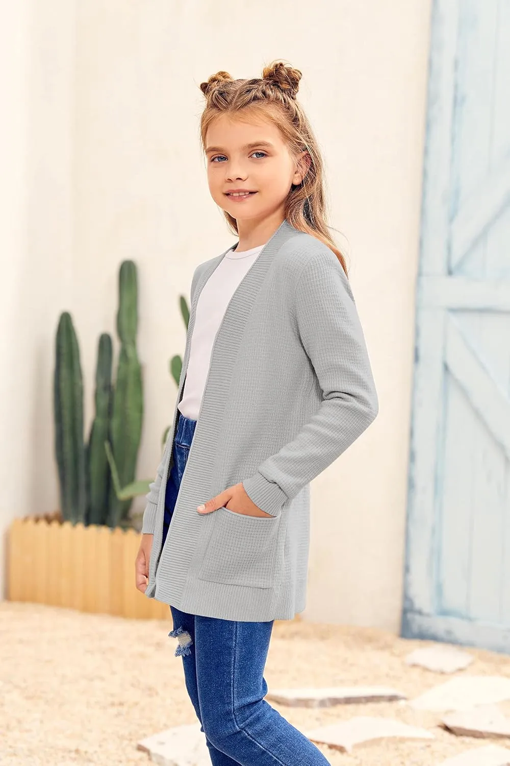 Girls Long Sleeve Casual Cardigan Kids Open Front Soft Knit Oversized Sweater with Pockets