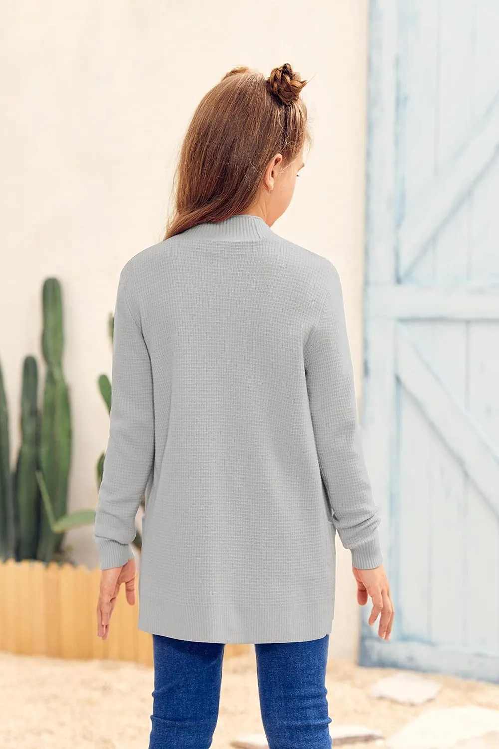 Girls Long Sleeve Casual Cardigan Kids Open Front Soft Knit Oversized Sweater with Pockets