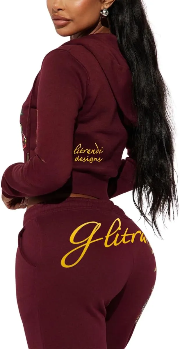 Glitrandi Womens 2 Piece Outfits Fashion Print Cropped Hoodies Jacket Sweatpants With Pockets Tracksuit For Women