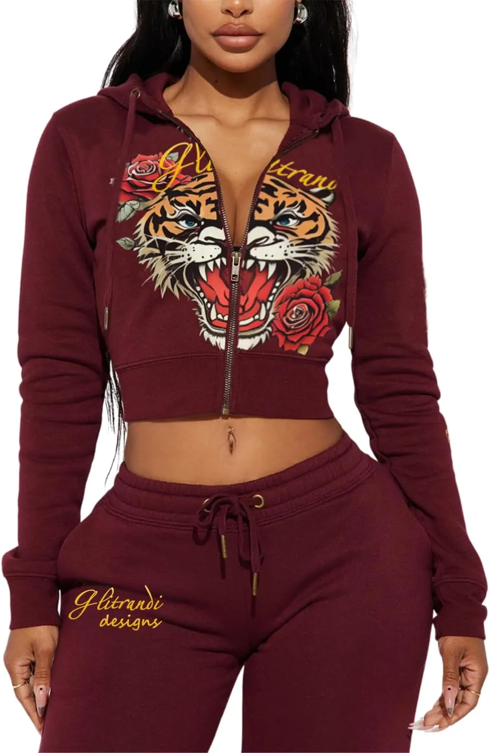 Glitrandi Womens 2 Piece Outfits Fashion Print Cropped Hoodies Jacket Sweatpants With Pockets Tracksuit For Women