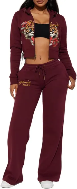 Glitrandi Womens 2 Piece Outfits Fashion Print Cropped Hoodies Jacket Sweatpants With Pockets Tracksuit For Women