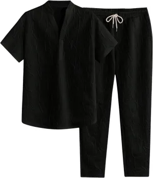 GORGLITTER Men's 2 Piece Linen Set Textured Short Sleeve T Shirt and Pants Sets