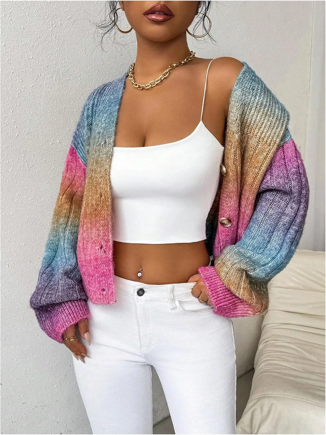 GORGLITTER Women's Colorful Button Up Cardigan Sweater Long Sleeve V Neck Cute Cropped Knit Cardigan